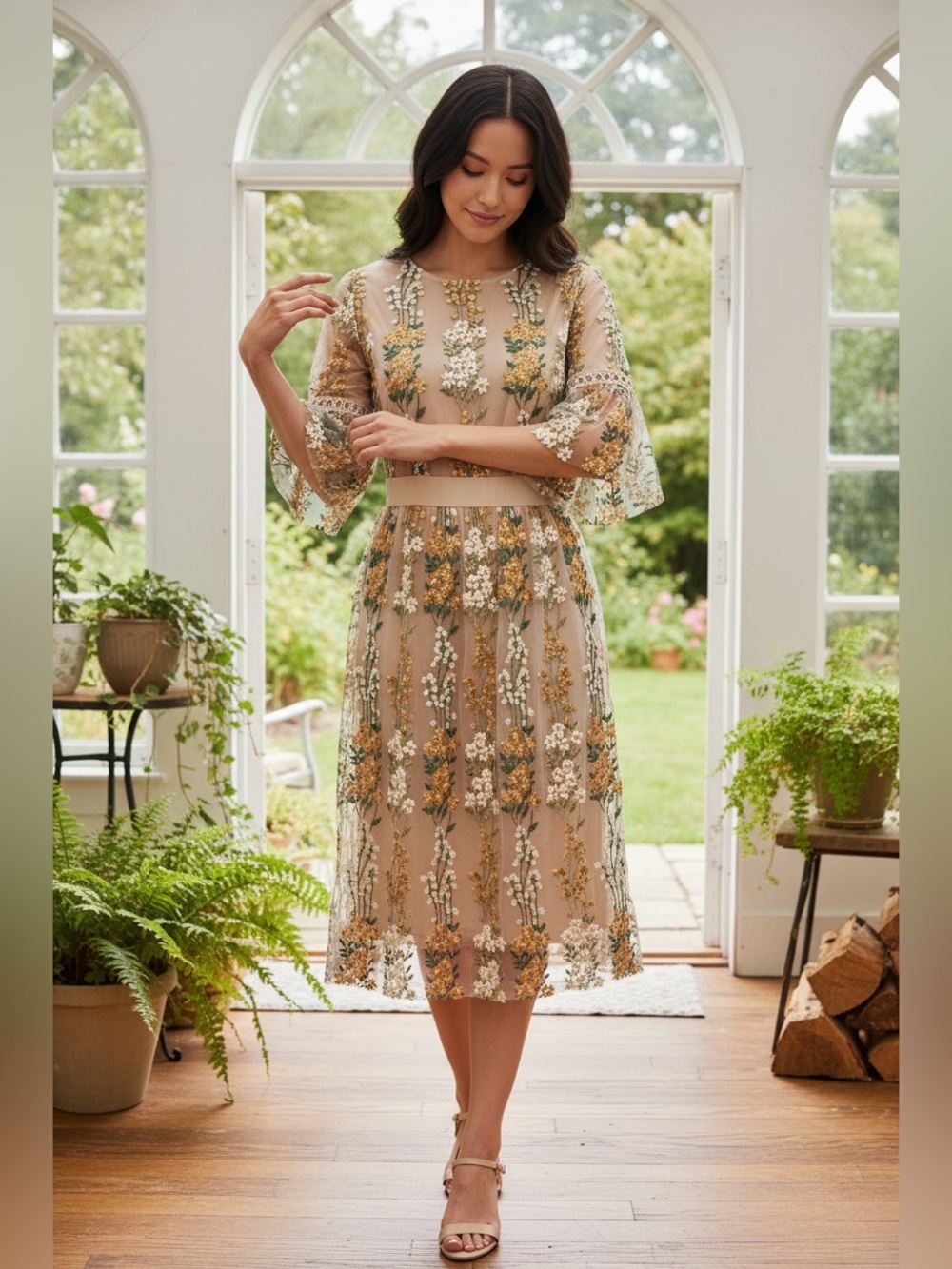 Olive Ave nude mesh midi dress yellow and white floral embroidery bell sleeves.